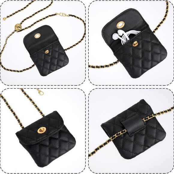 Mini Quilted Chain Crossbody Handbag, Waist Bag Purse Fanny Pack Black - Picture 4 of 7